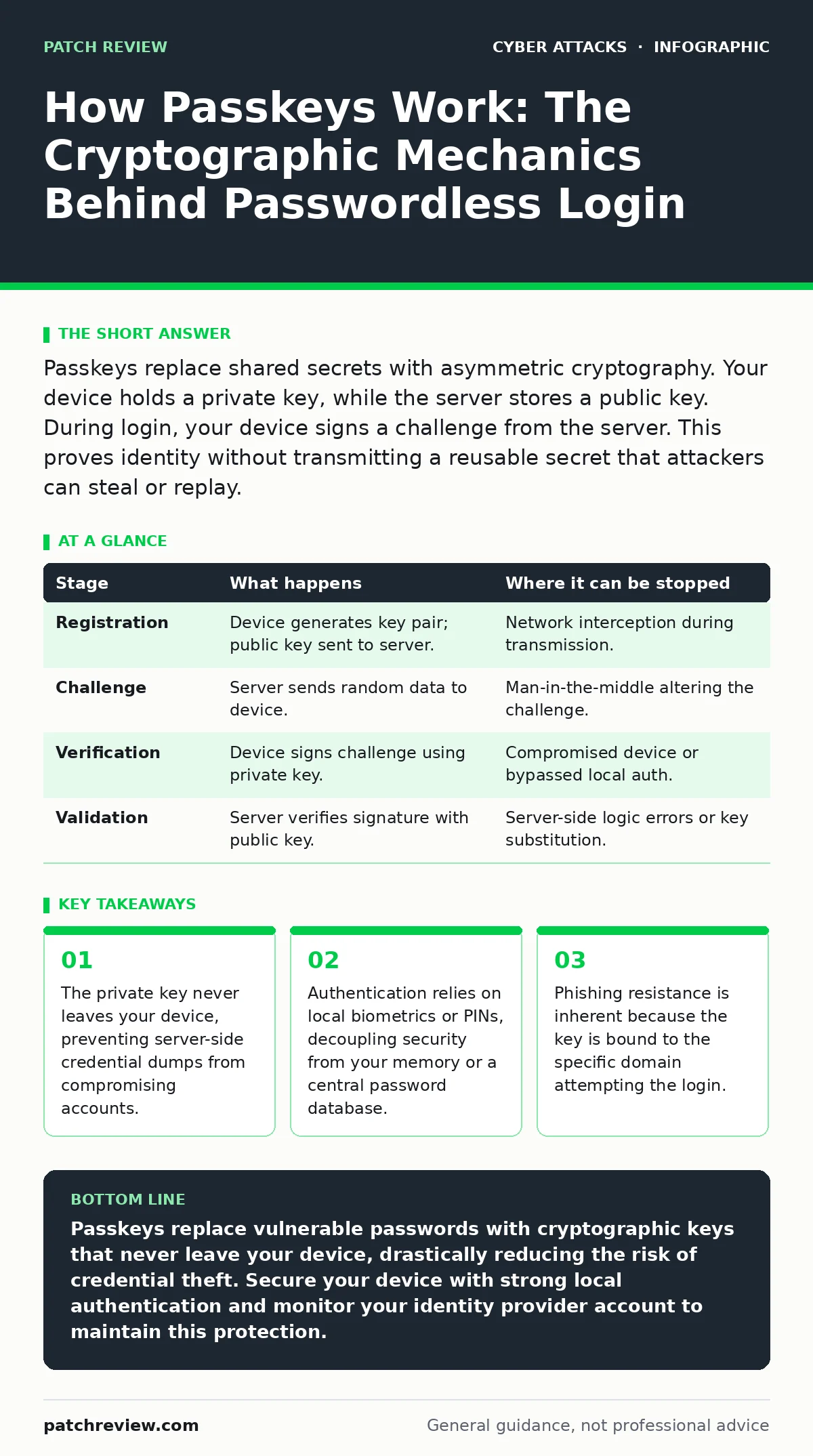 Infographic: How Passkeys Work: The Cryptographic Mechanics Behind Passwordless Login. The private key never leaves your device, preventing server-side credential dumps from compromising accounts. Authentication relies on local biometrics or PINs, decoupling security from your memory or a central pa