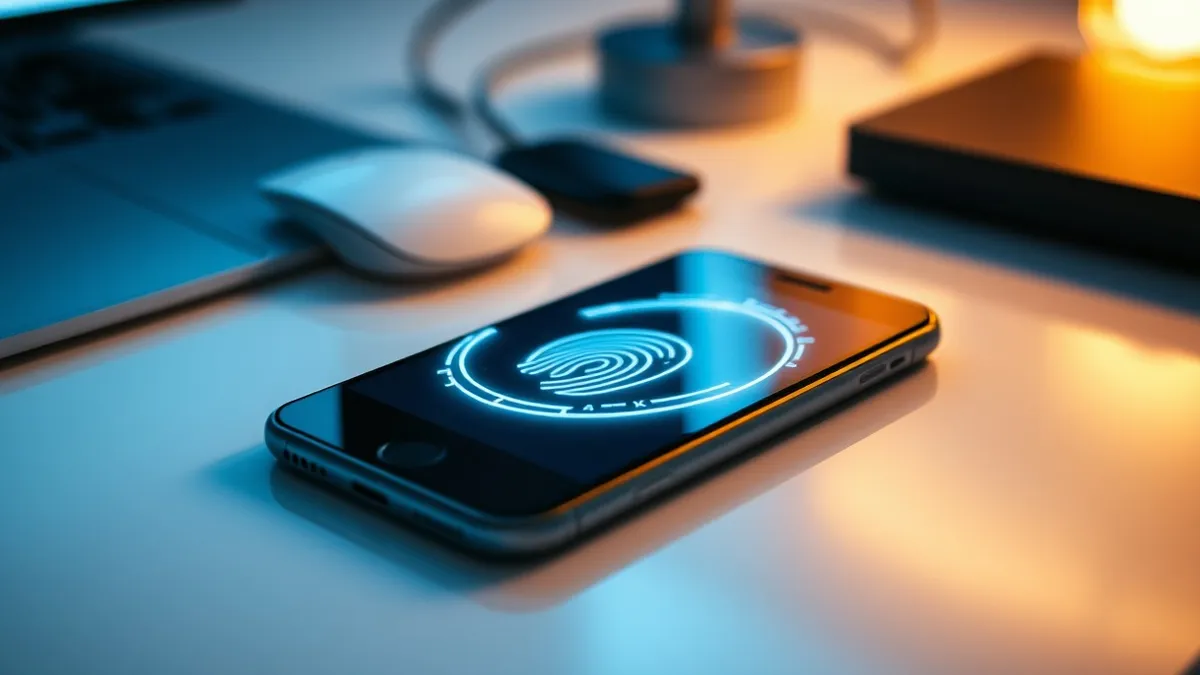 Illustration: A smartphone rests on a clean desk surface, its screen displaying a simplified biometric icon.