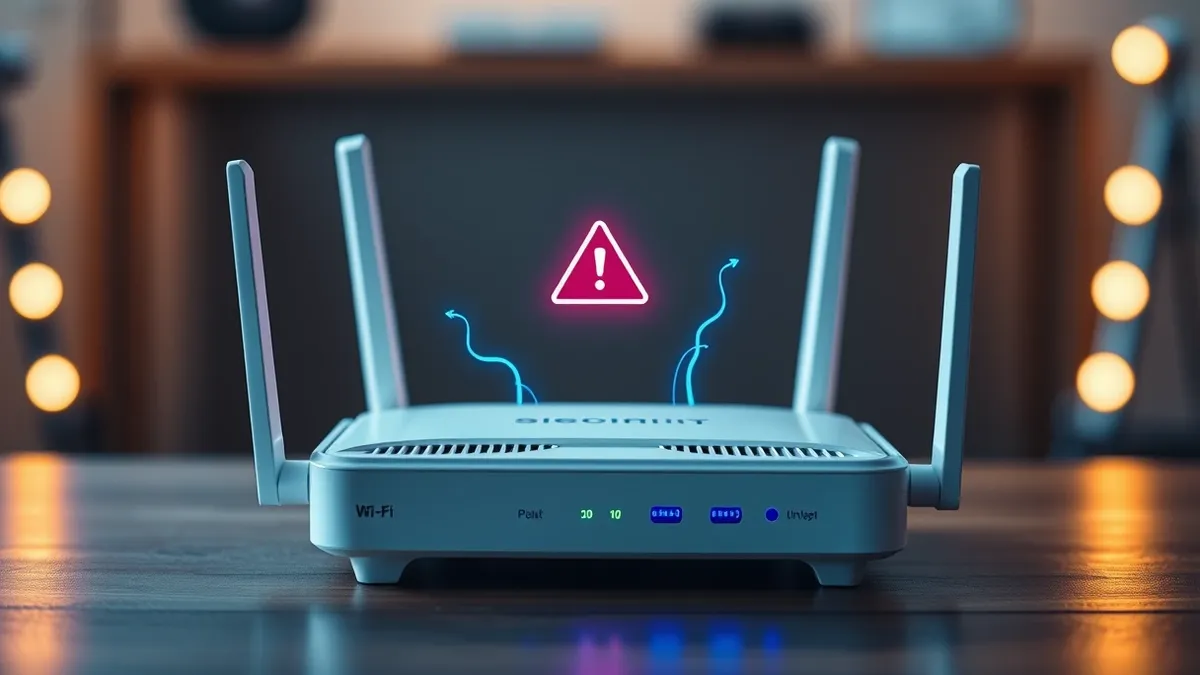 Illustration: A white Wi-Fi router with multiple antennas sits on a wooden surface.