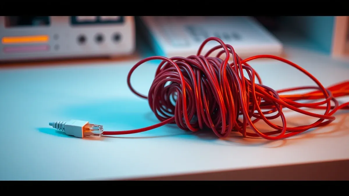 Illustration: A tangled knot of red and orange wires spills from a white ethernet cable onto a clean desk surface, symbolizing an overwhelming surge of unsorted data.