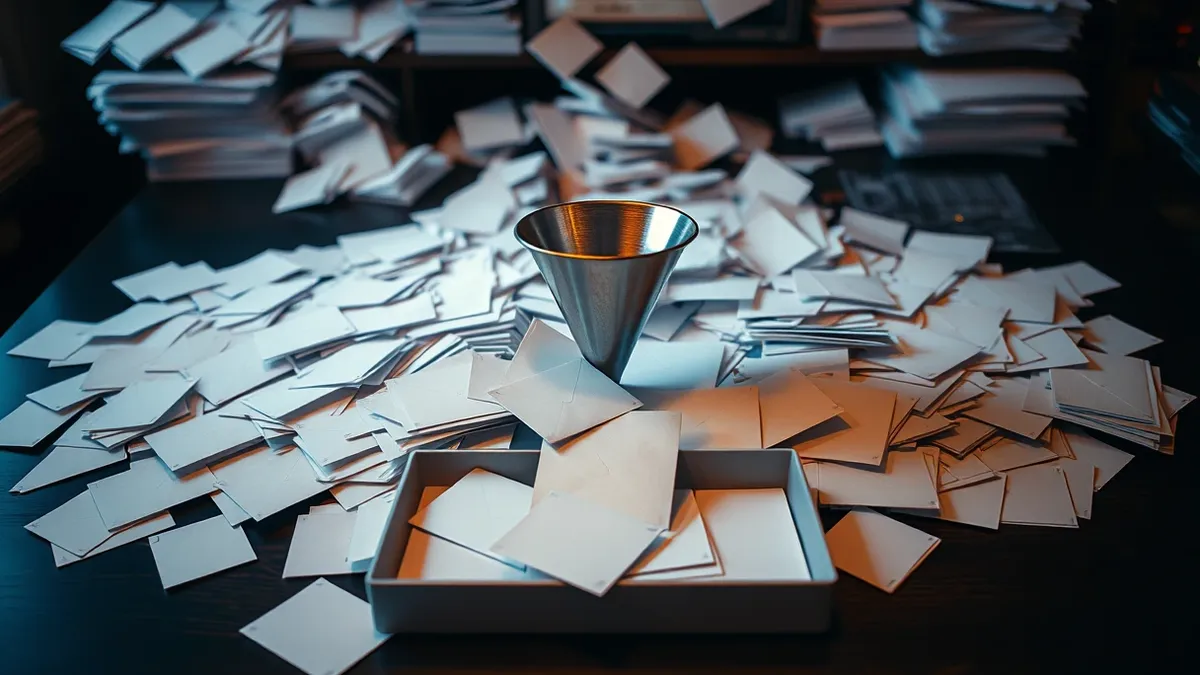 Illustration: A chaotic pile of blank white envelopes spills across a dark wooden desk, overwhelming the surface.