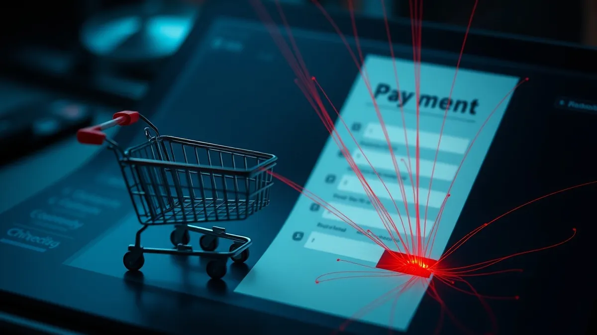 Illustration: A sleek shopping cart icon sits beside a blank payment form on a digital interface.