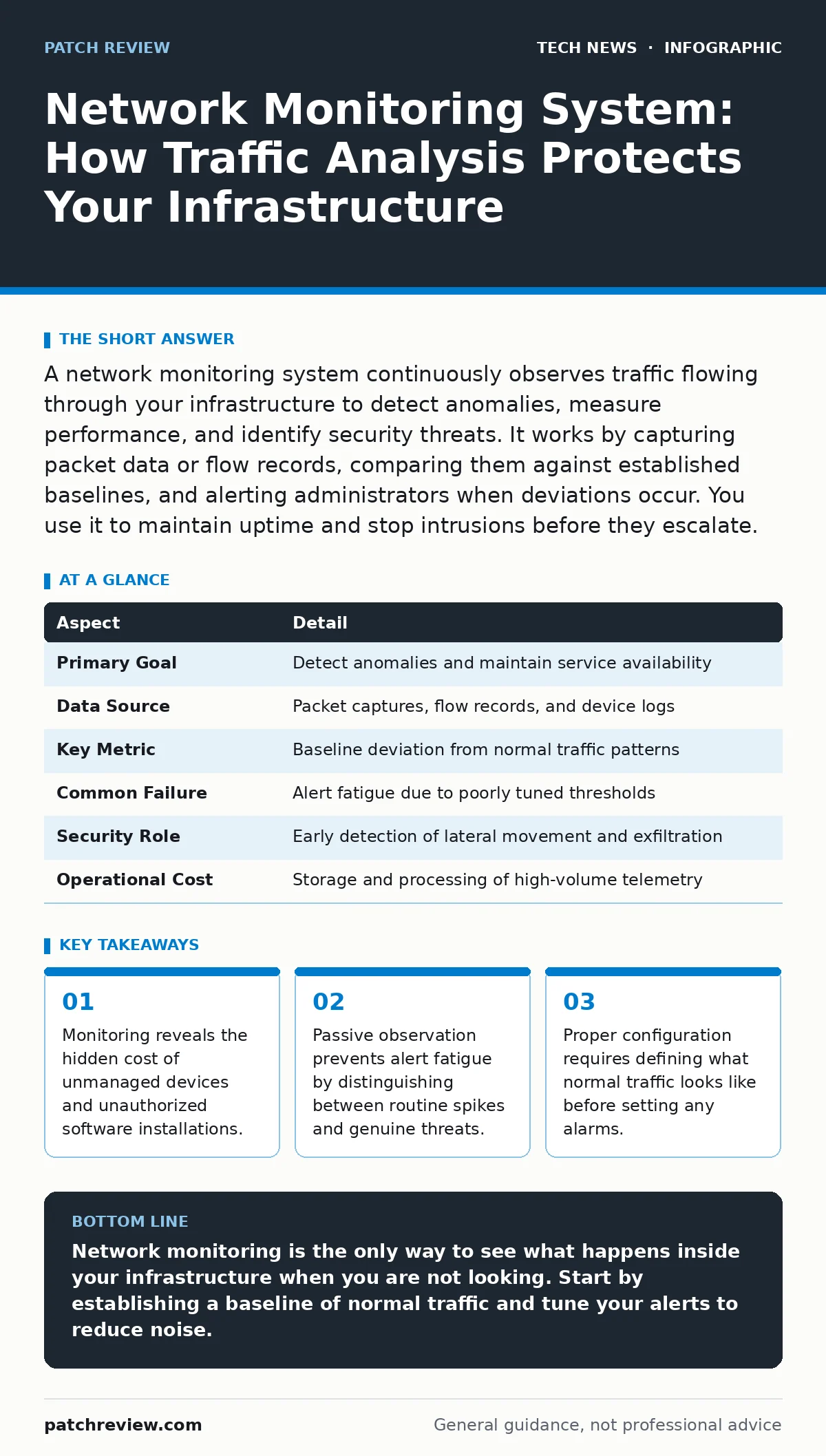 Infographic: Network Monitoring System: How Traffic Analysis Protects Your Infrastructure. Monitoring reveals the hidden cost of unmanaged devices and unauthorized software installations. Passive observation prevents alert fatigue by distinguishing between routine spikes and genuine threats. Proper