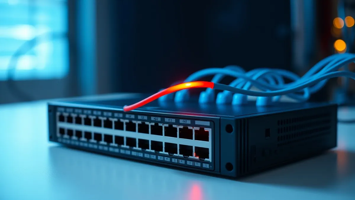 Illustration: A sleek black network switch sits on a clean white surface, connected by colorful ethernet cables that pulse with soft blue light.