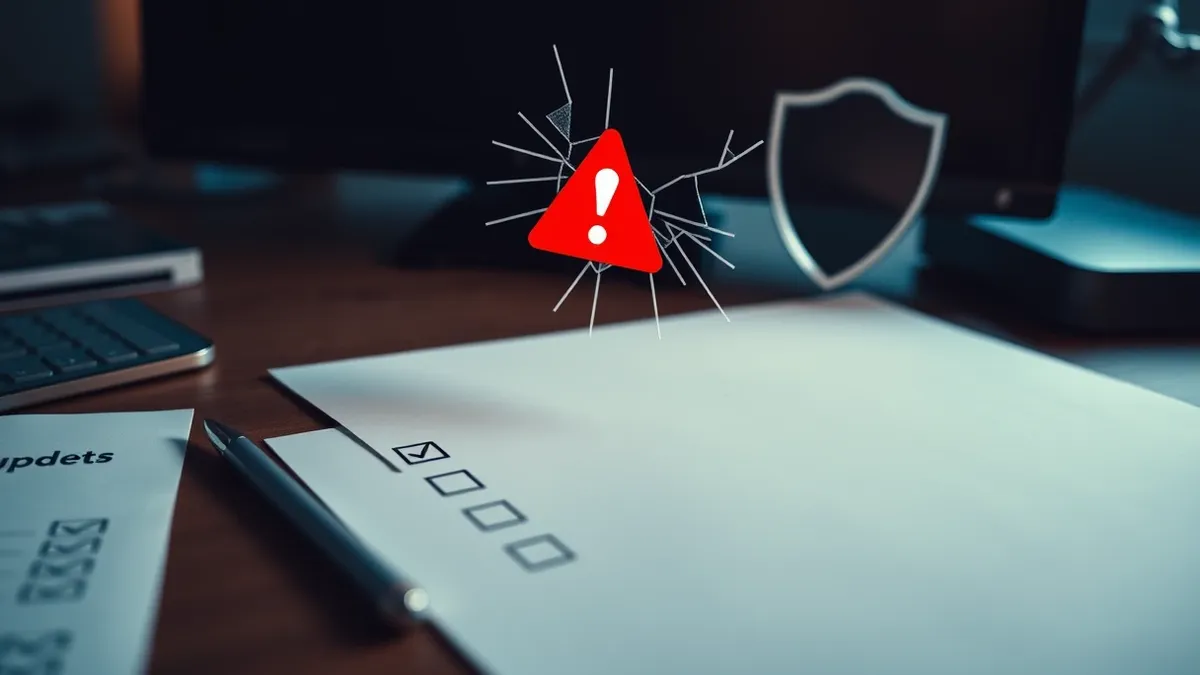Illustration: A clean white website layout rests on a desk beside a checklist with checked boxes and a small software update icon.