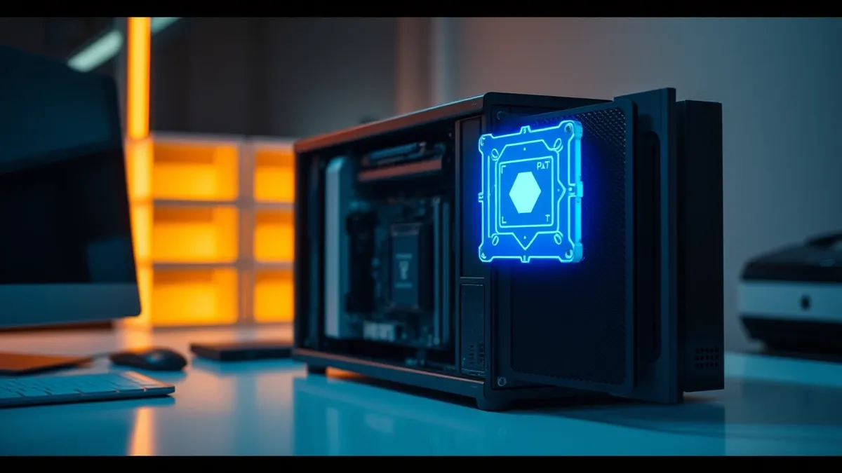Illustration: A sleek black server unit sits on a clean white desk with its metal side panel removed, exposing circuit boards inside.