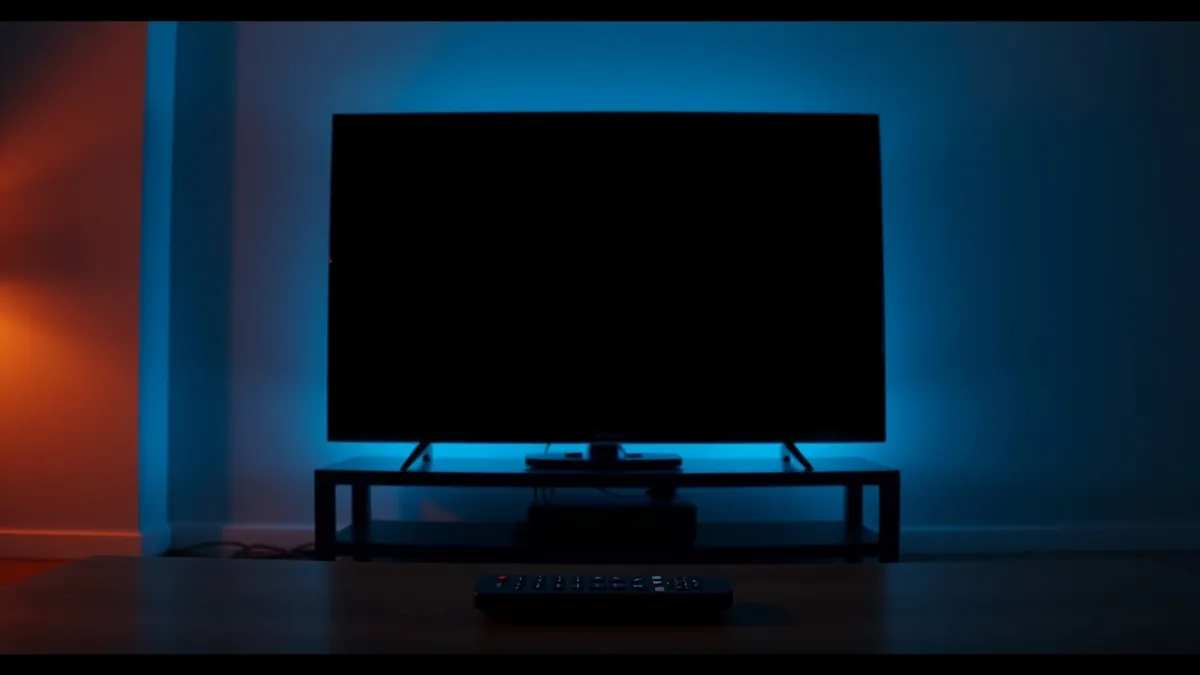 Illustration: A sleek black television set rests on a minimalist stand in a dimly lit room.