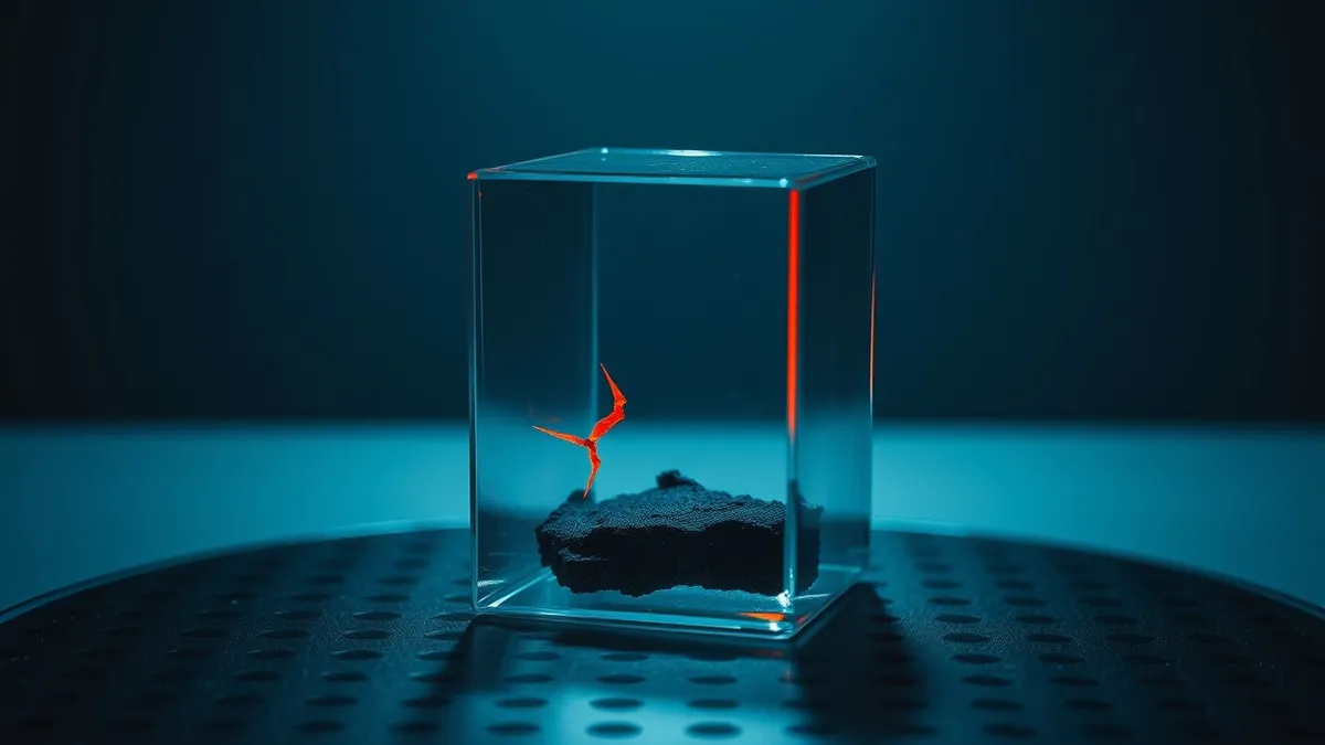 Illustration: A transparent glass cube sits on a dark metal surface, representing a container with a single bright red crack forming on its side.