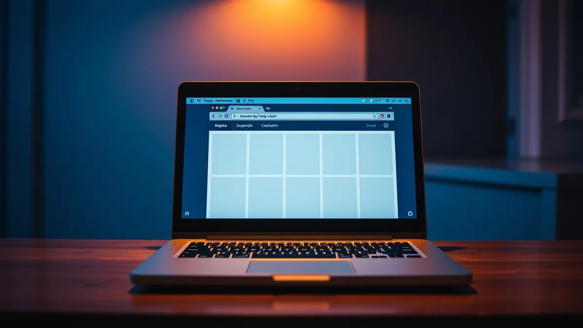 Illustration: An open laptop sits on a wooden desk, its screen displaying a web browser with several blank tabs arranged in a grid.