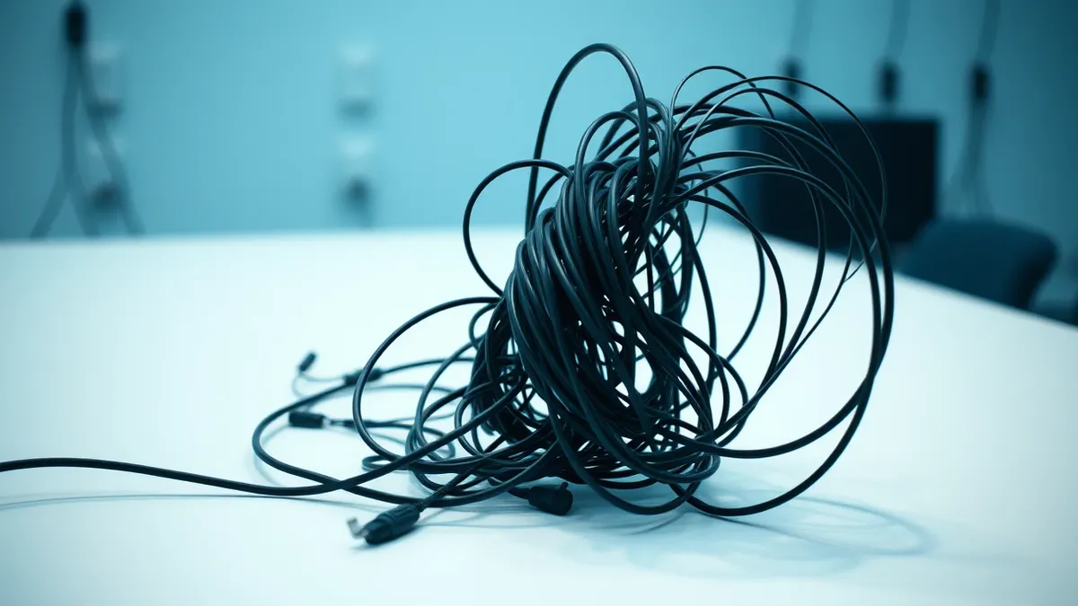 Illustration: A tangled knot of thick black cables sits on a sterile white table.