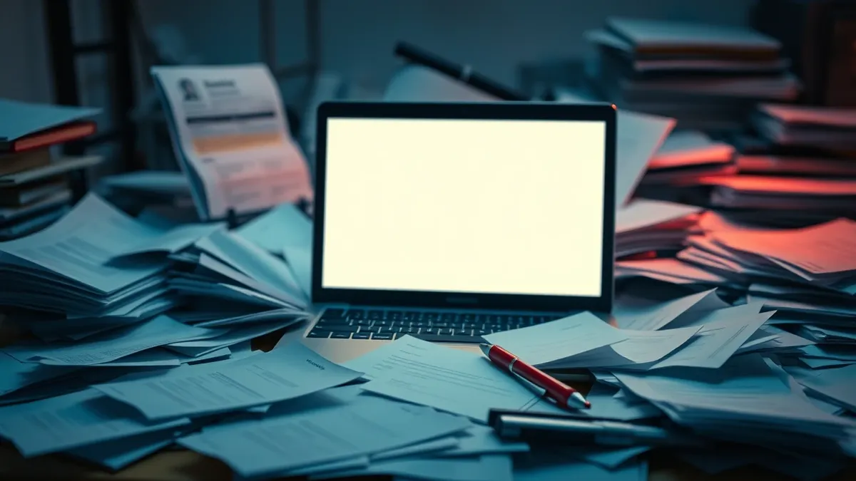 Illustration: A cluttered desk holds a single laptop displaying a blank email inbox, surrounded by scattered printed resumes and a red pen.