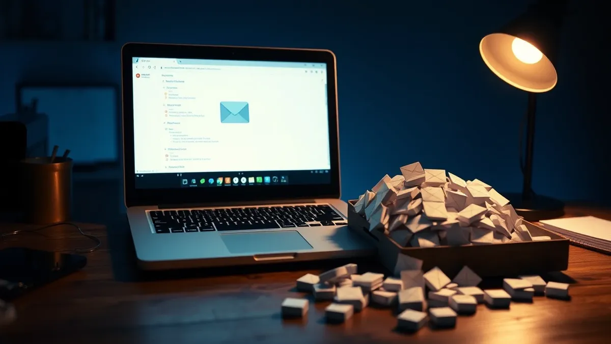 Illustration: An open laptop sits on a wooden desk displaying a blank email client interface.
