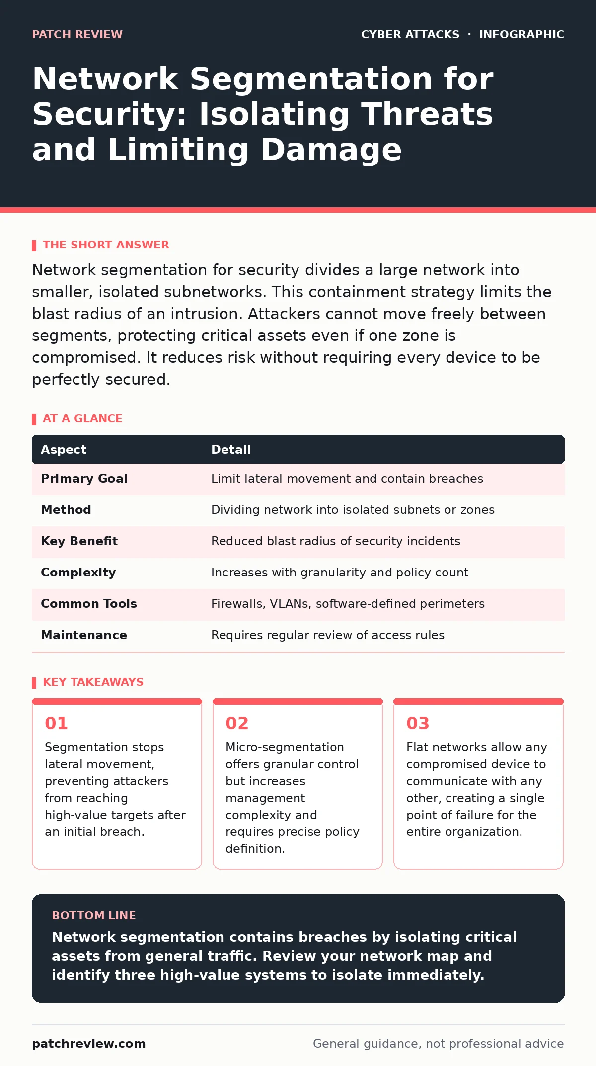 Infographic: Network Segmentation for Security: Isolating Threats and Limiting Damage. Segmentation stops lateral movement, preventing attackers from reaching high-value targets after an initial breach. Micro-segmentation offers granular control but increases management complexity and requires preci