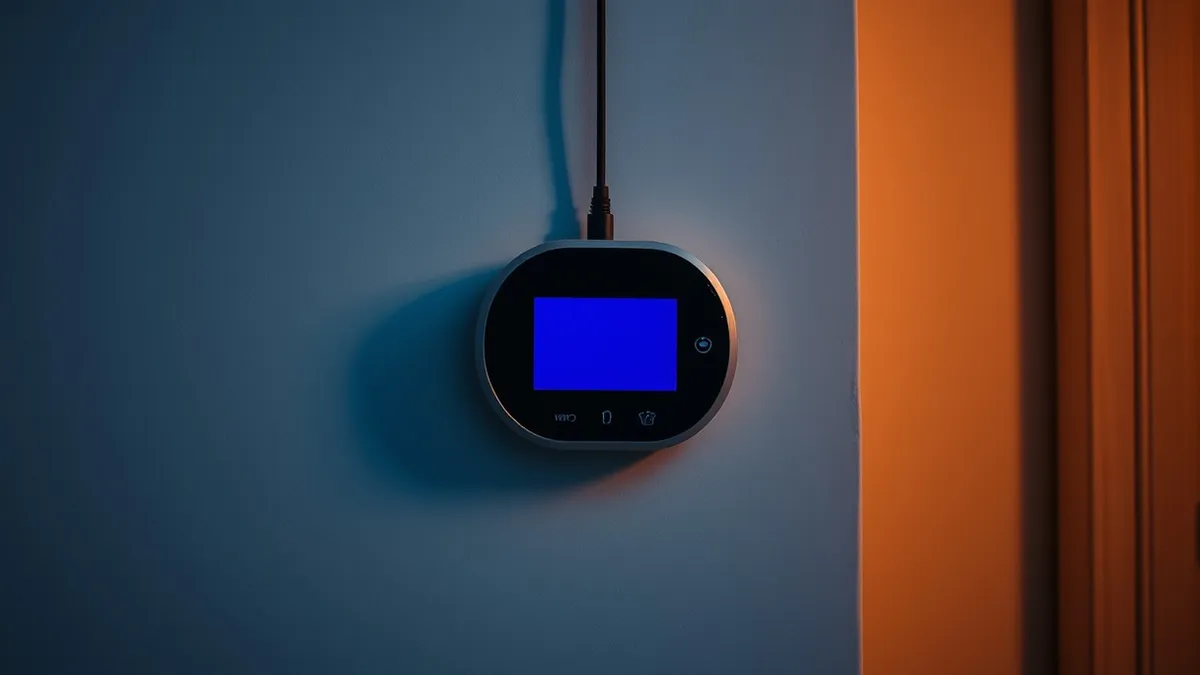 Illustration: A small smart thermostat sits on a wall, its display blank.