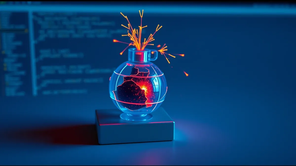 Illustration: A translucent blue logic bomb is embedded within a standard software application icon on a clean digital desktop.