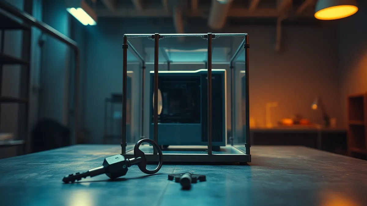 Illustration: A translucent glass cube sits on a metal desk, containing a miniature computer tower.