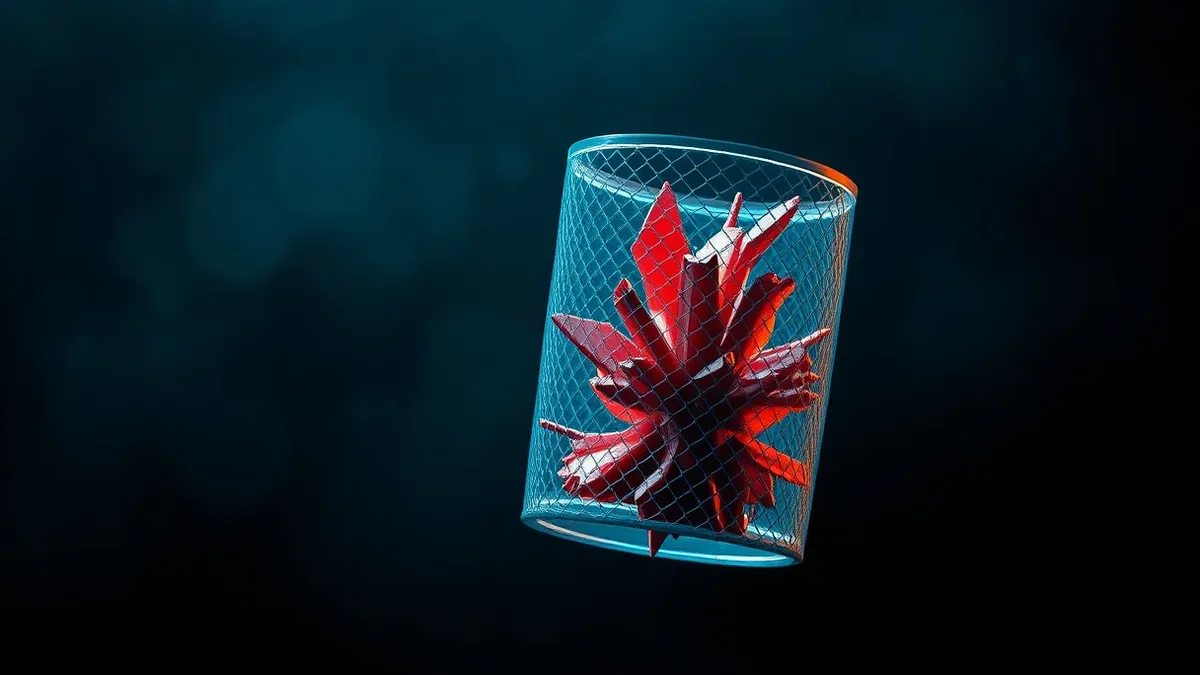 Illustration: A transparent cylindrical container floats in dark space, enclosing a chaotic burst of jagged red geometric shards rising from its base.