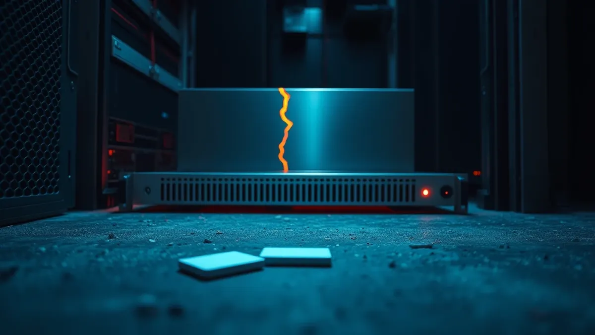 Illustration: A metallic server blade sits inside an open rack, its surface marked by a glowing red crack.