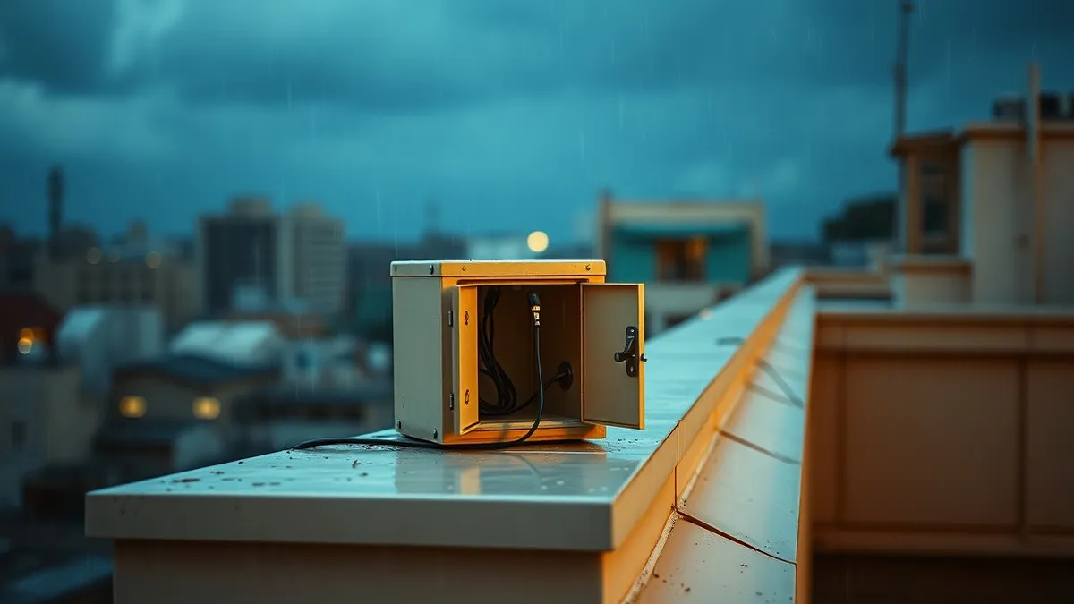 Illustration: A small beige metal box sits exposed on a windy rooftop railing.