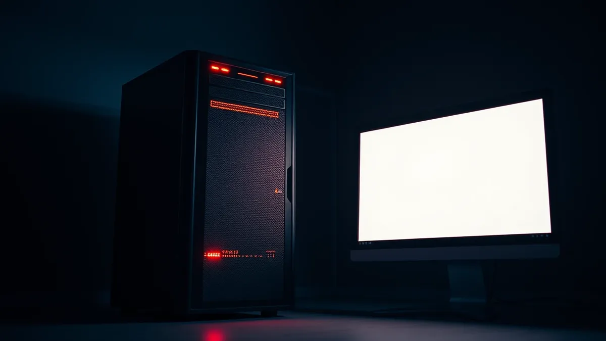 Illustration: A standalone server tower sits in a dim room, its front panel glowing with erratic red lights.