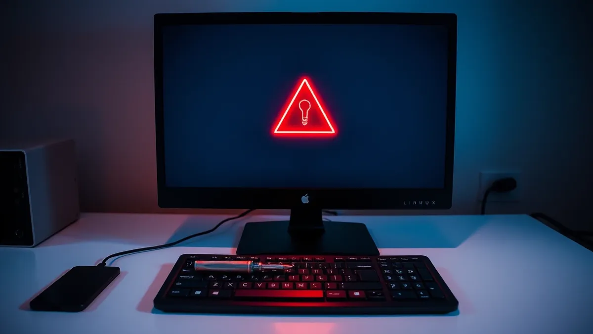 Illustration: A sleek black Linux workstation sits on a clean white desk.