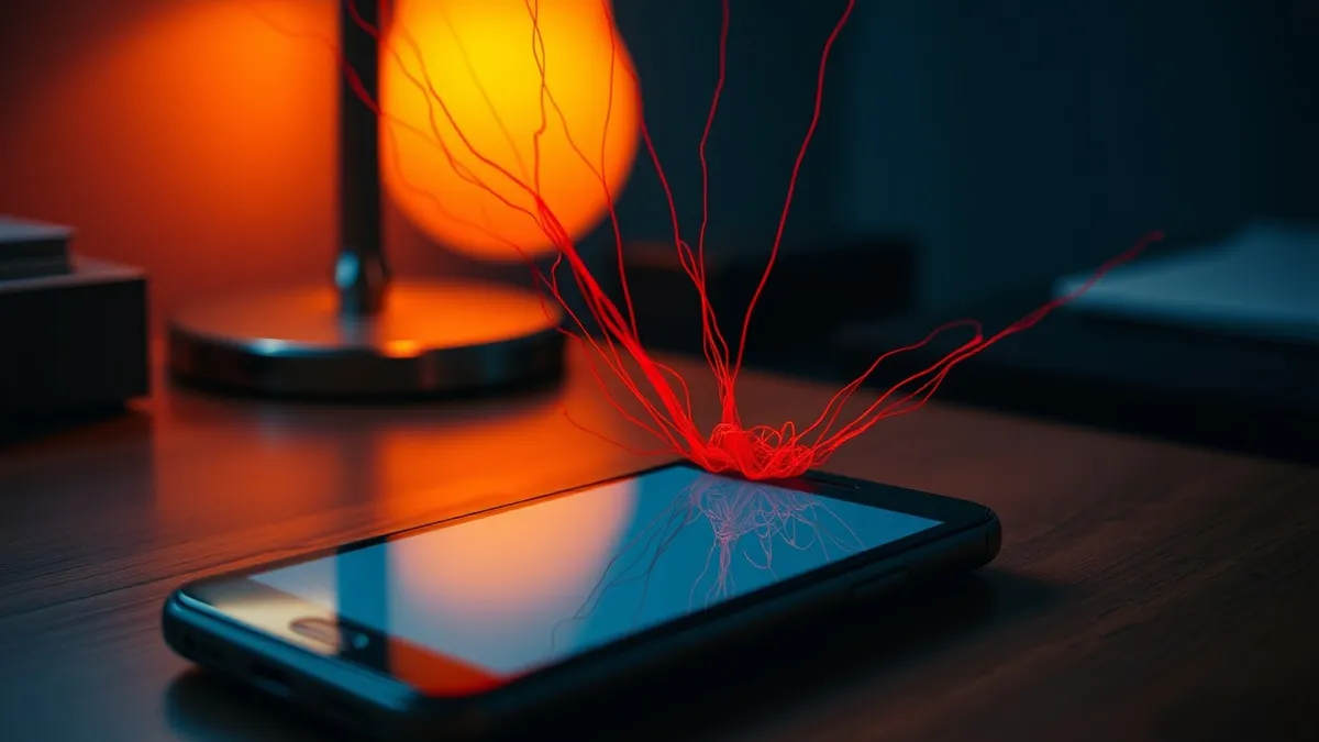 Illustration: A sleeping smartphone rests on a wooden desk, completely inert and untouched by any hand.
