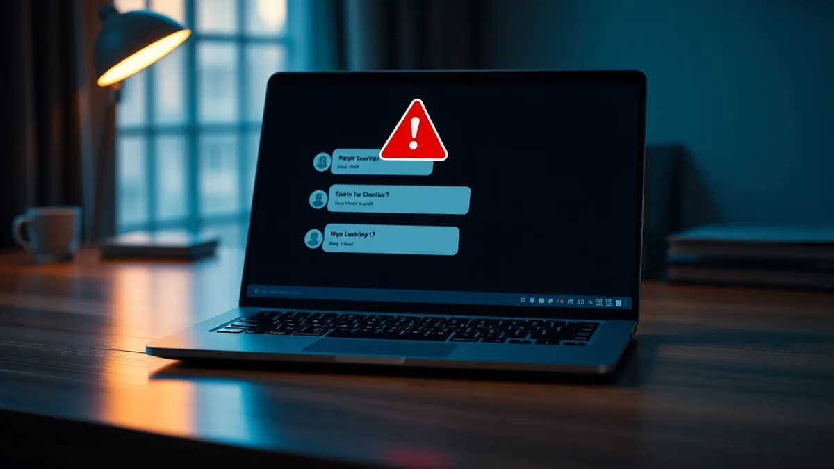 Illustration: A sleek laptop sits open on a wooden desk, its screen displaying a minimalist chat interface with blank message bubbles.