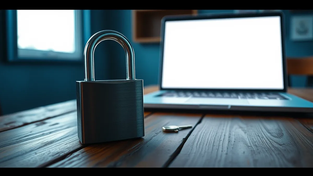 Illustration: A sleek metallic padlock sits on a weathered wooden table next to an open laptop with a blank screen, illustrating how endpoint hygiene matters more than key size.