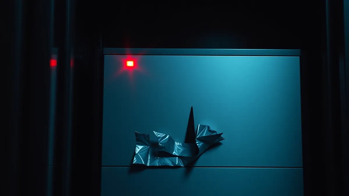 Illustration: A sleek silver server sits in a dark rack, its blank front panel interrupted by a single bright red warning light.