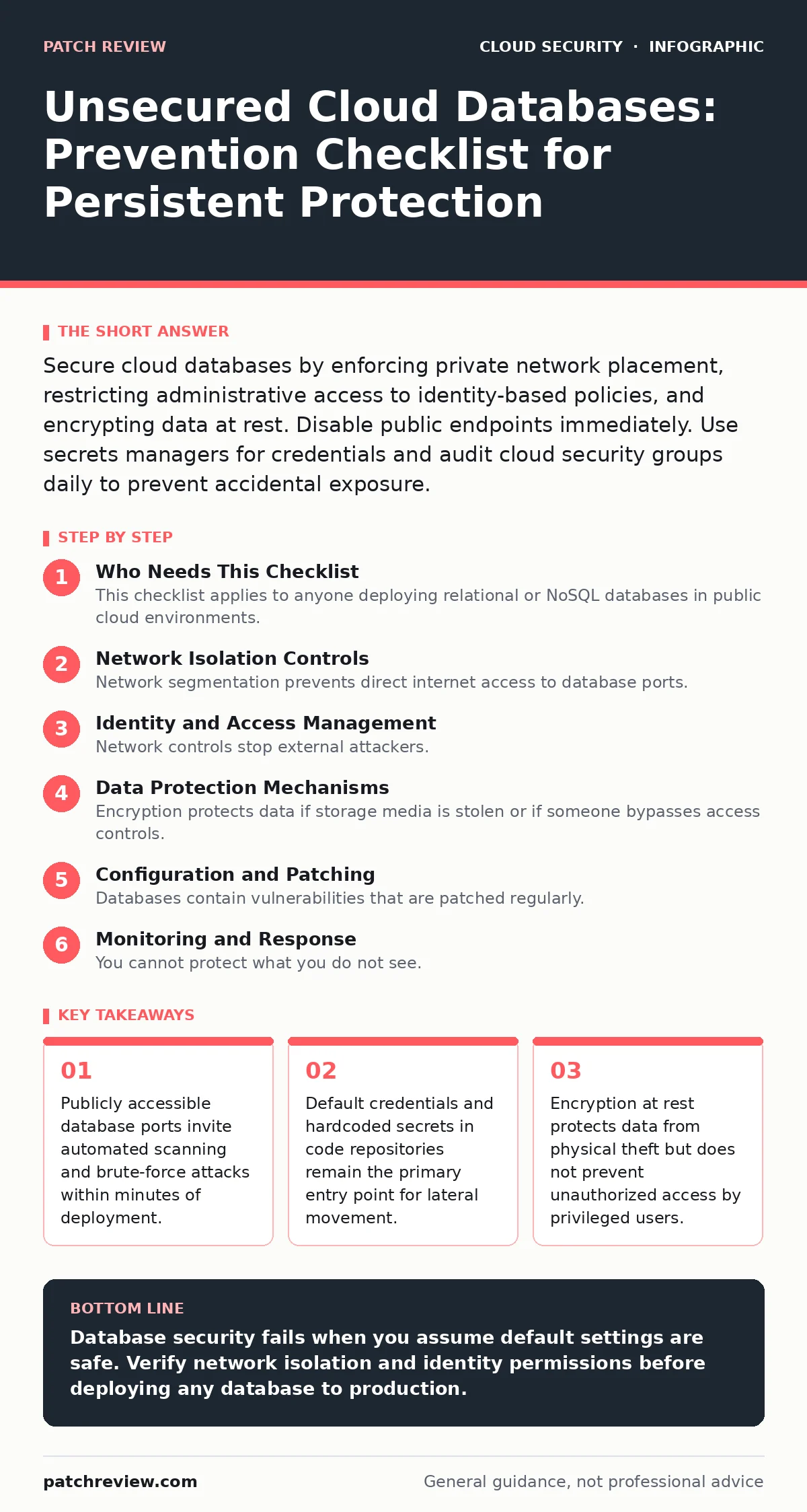 Infographic: Unsecured Cloud Databases: Prevention Checklist for Persistent Protection. Publicly accessible database ports invite automated scanning and brute-force attacks within minutes of deployment. Default credentials and hardcoded secrets in code repositories remain the primary entry point for