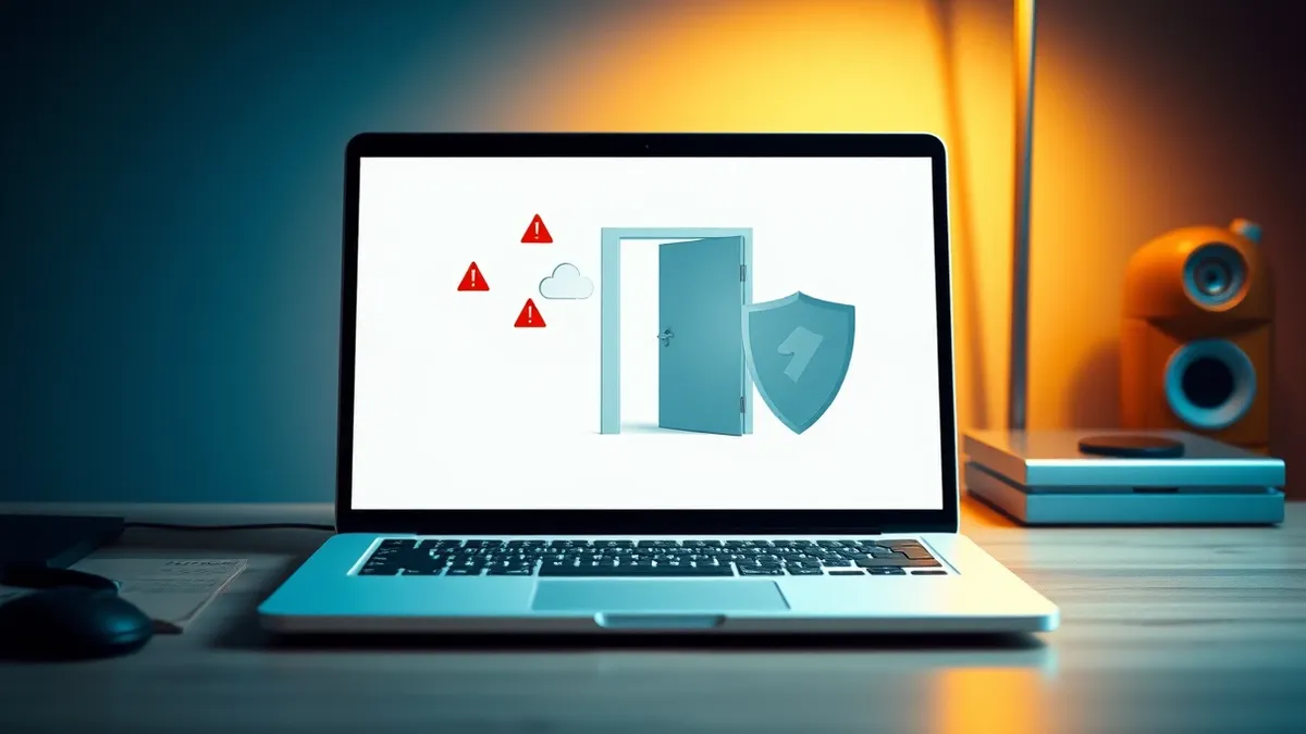 Illustration: A blank white laptop sits on a desk, its screen displaying a simple abstract diagram of an open door leading to a cloud icon.