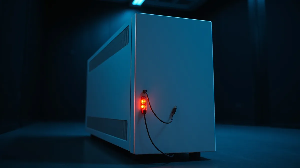 Illustration: A sleek white server unit sits in a dark room, its status lights blinking steadily.