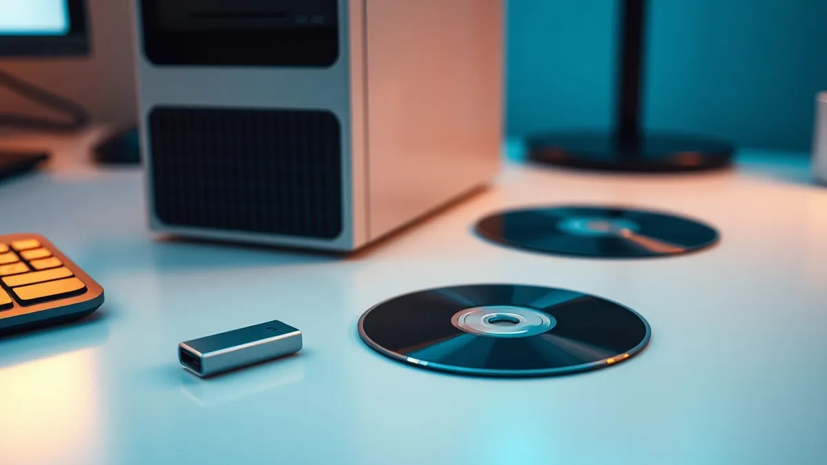 Illustration: A silver flash drive rests on a clean white desk next to a slim black optical disc.