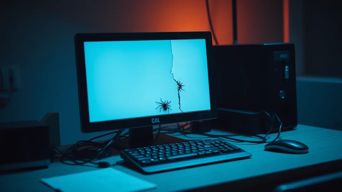 Illustration: A small office desk holds a single desktop computer connected to a tangled nest of cables.