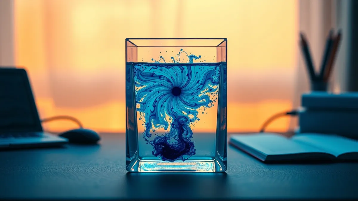 Illustration: A transparent glass cube sits on a desk, containing a single drop of blue ink that instantly spreads into complex, swirling fractal patterns filling the entire volume