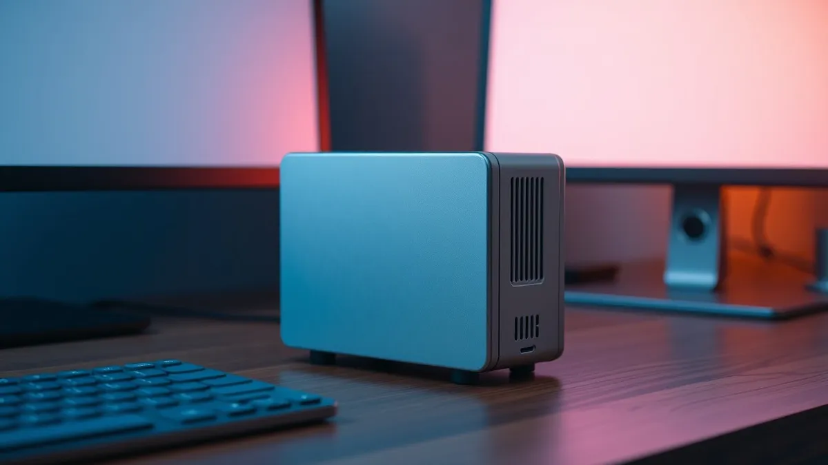 Illustration: A compact silver computer case sits on a wooden desk next to a minimalist keyboard and a thin monitor.