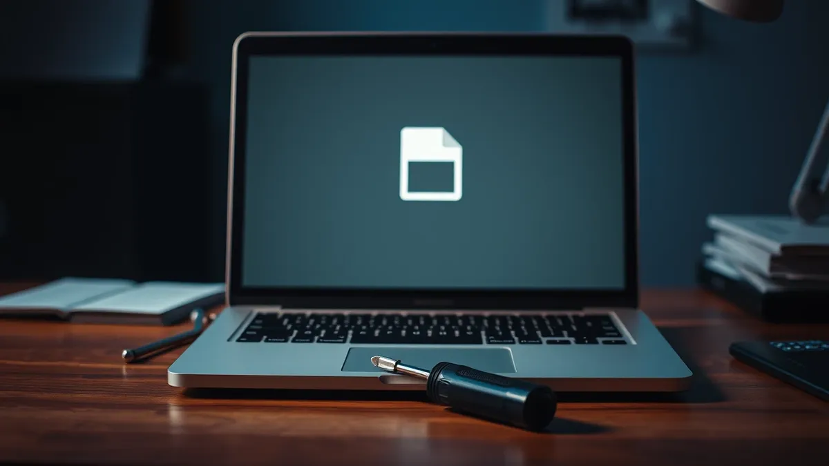 Illustration: A silver laptop sits on a wooden desk with its screen displaying a single, broken movie file icon.