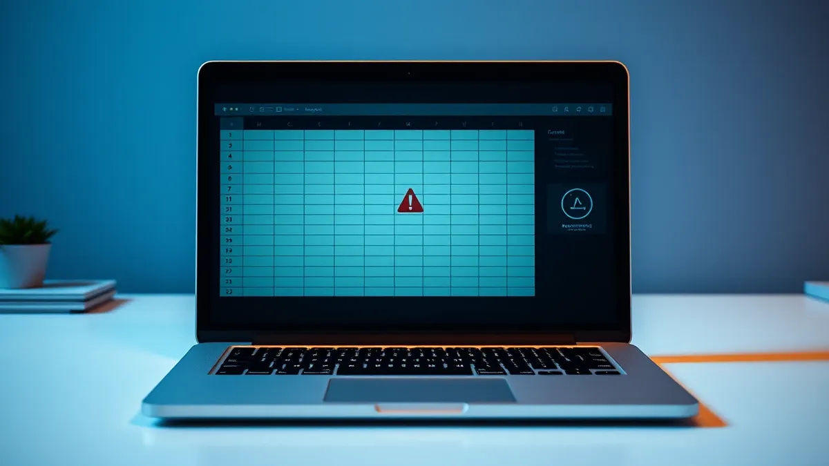 Illustration: A silver laptop sits on a clean white desk with its screen displaying a blank spreadsheet application interface.