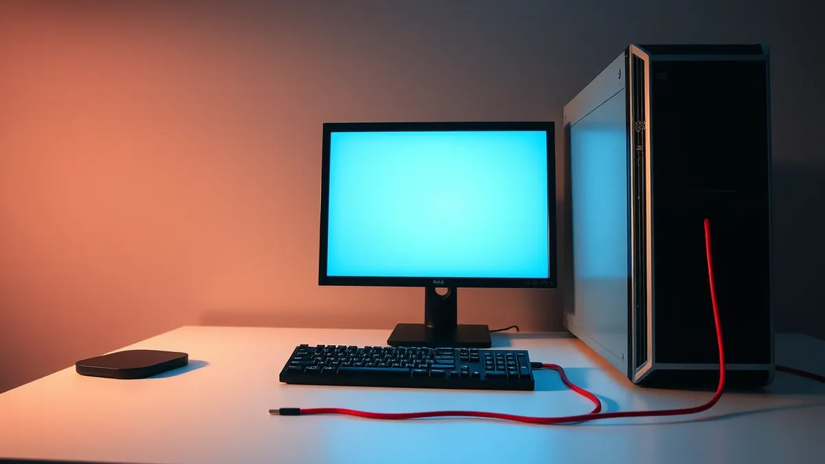 Illustration: A sleek desktop computer sits on a clean white desk with its monitor displaying a blank, light blue window.