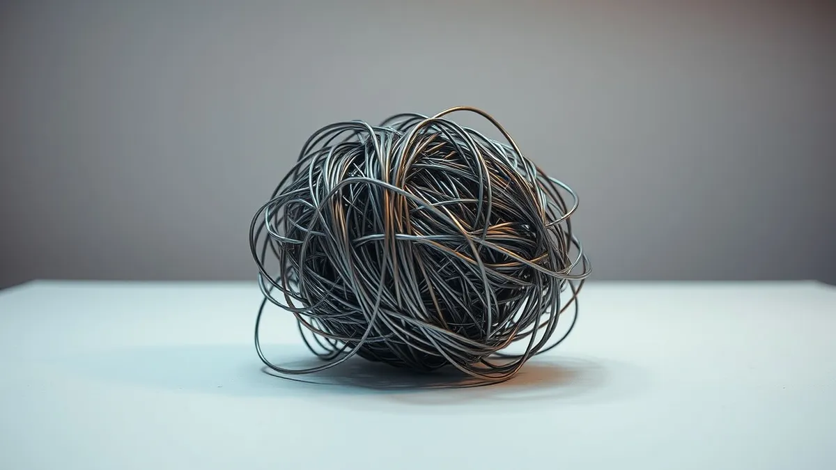 Illustration: A tangled knot of metallic wires sits on a clean white table, twisting into an impenetrable, chaotic mess.