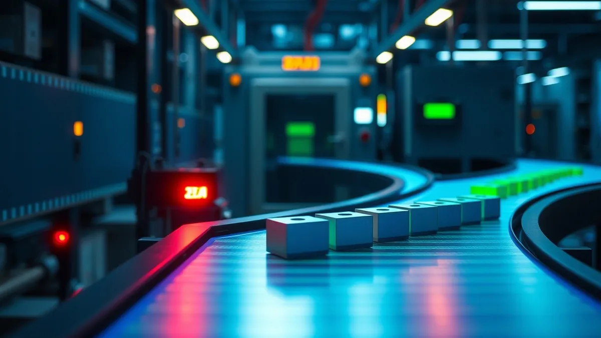 Illustration: A glowing blue conveyor belt carries small rectangular code blocks through a series of transparent scanning gates.