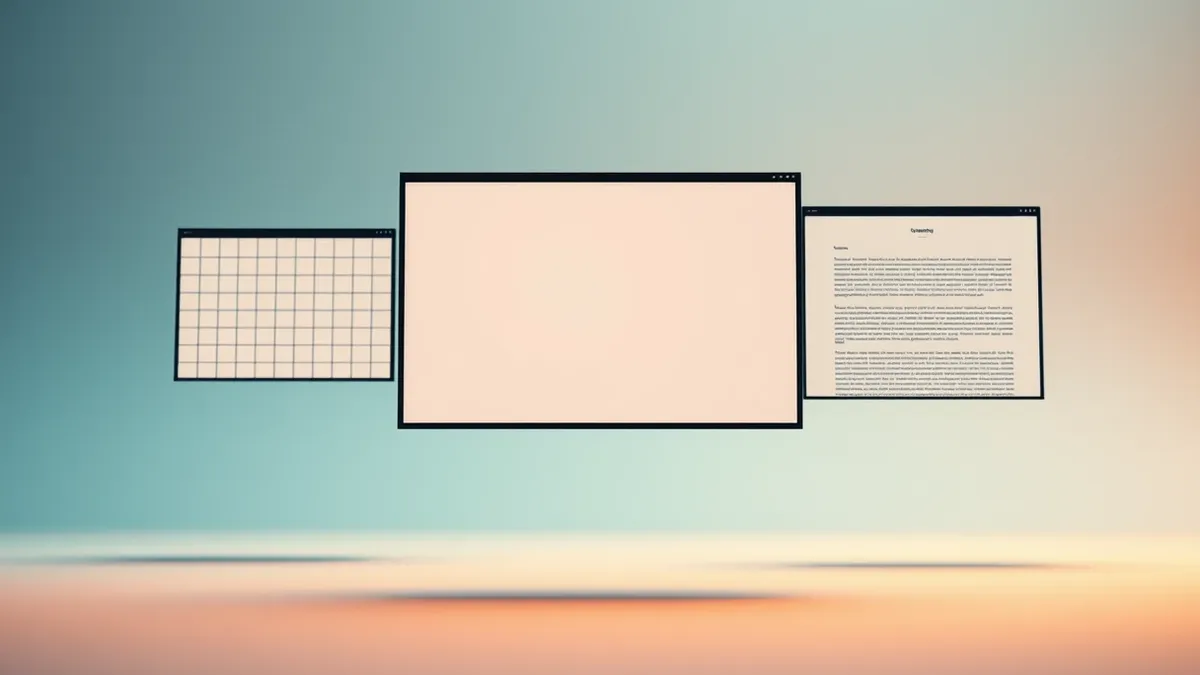 Illustration: Three distinct application windows float in a bright, neutral void.