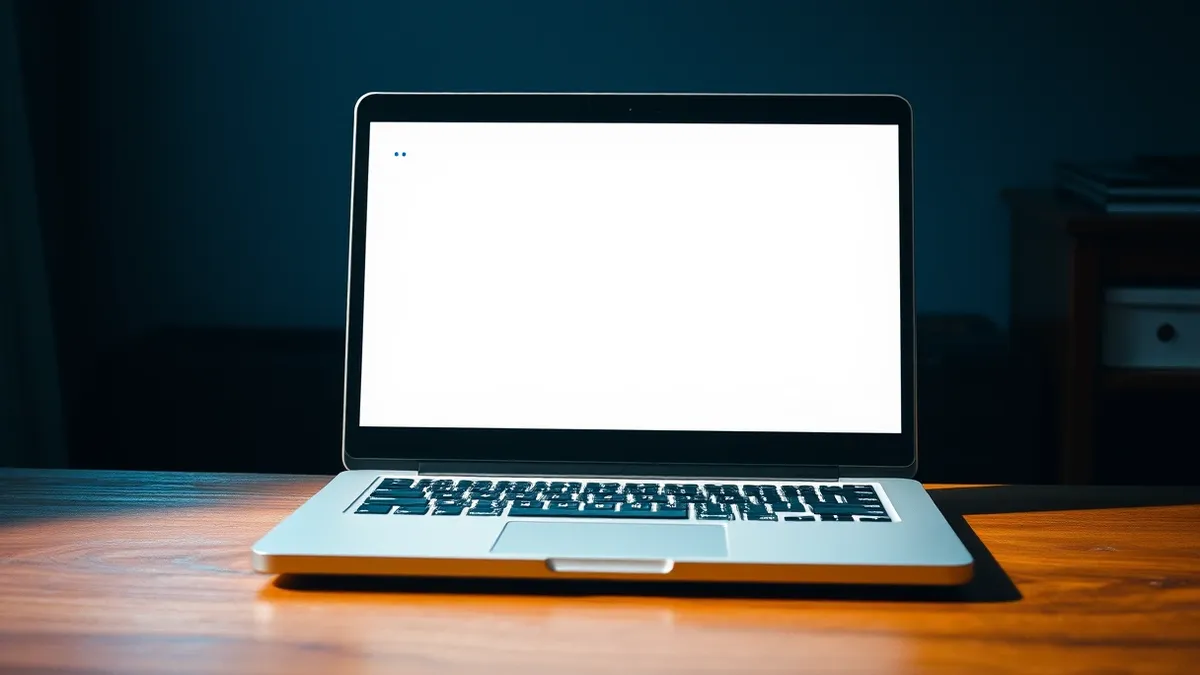 Illustration: A silver laptop sits on a wooden desk with its lid open.