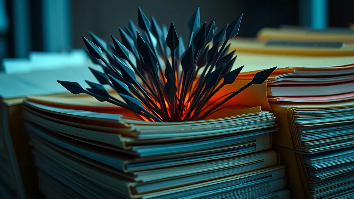 Illustration: A tangled knot of sharp, jagged arrows burrows through a stack of neatly arranged file folders.