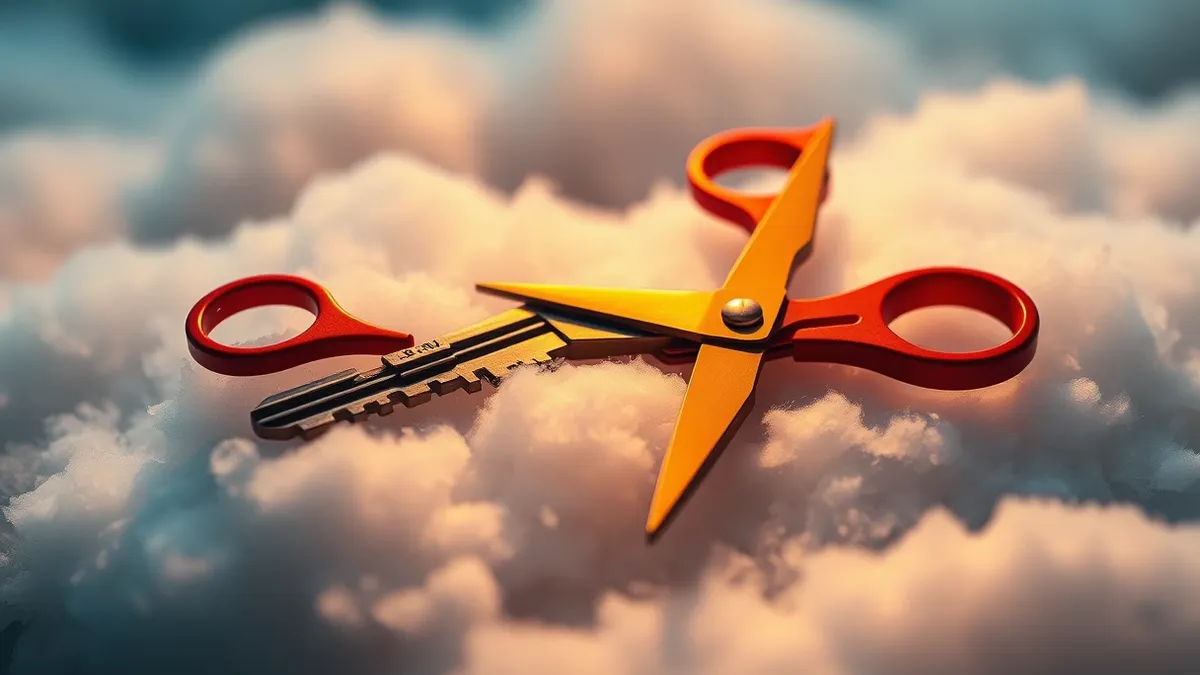 Illustration: A sleek metallic key rests on a soft white cloud, with several sharp red scissors positioned to snip away extra jagged edges.