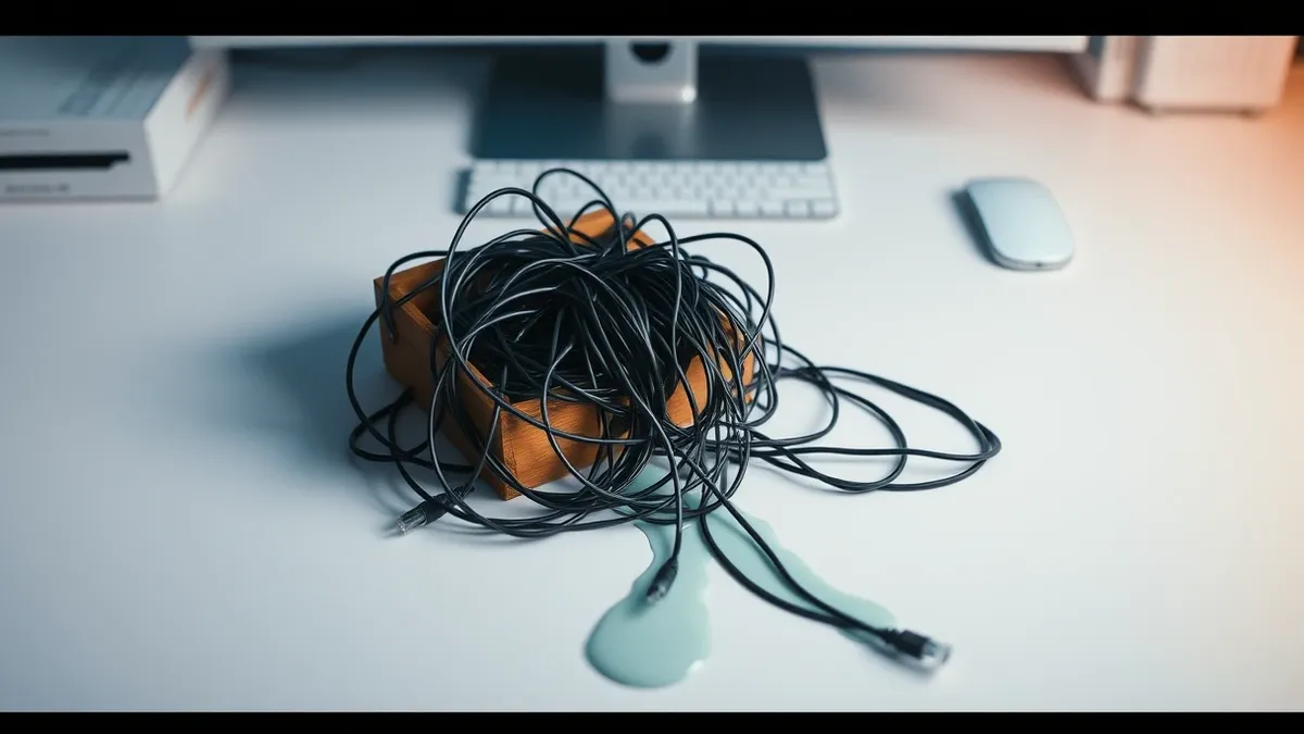 Illustration: A tangled knot of black ethernet cables spills from a small, open wooden box onto a sterile white desk.