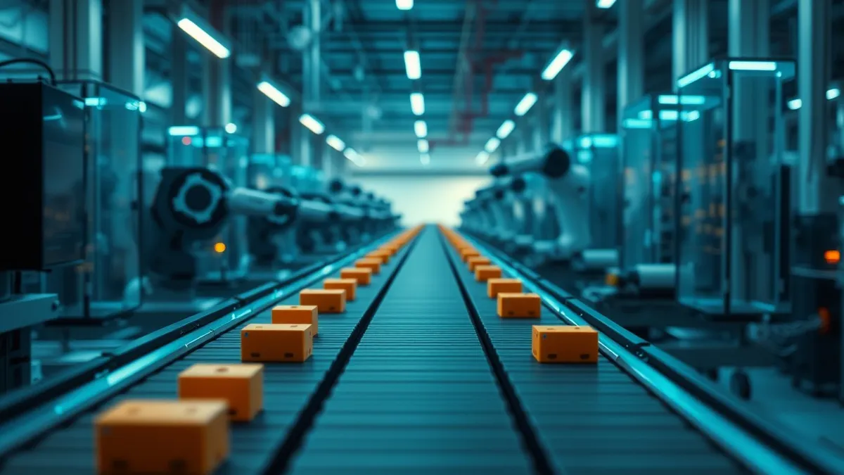 Illustration: A sleek, modern assembly line moves smoothly through a clean industrial space.