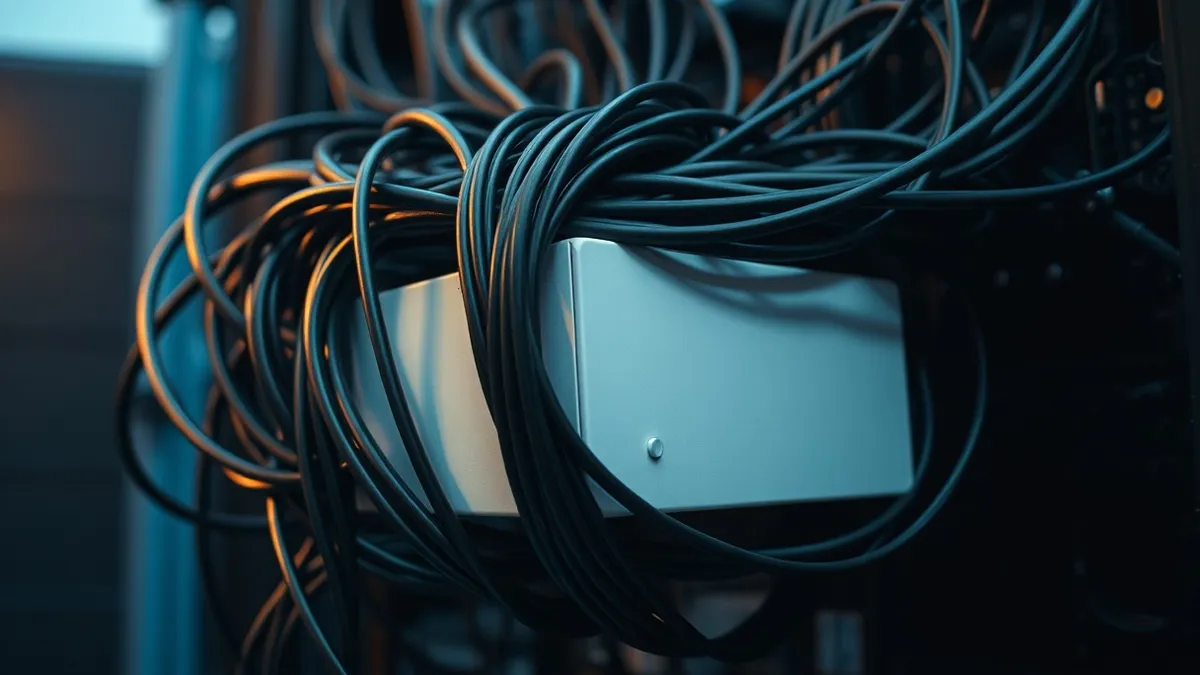 Illustration: A tangled knot of thick black cables tightens around a clean white server box.