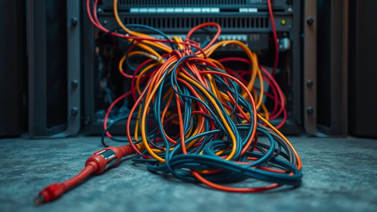 Illustration: A chaotic tangle of colored network cables spills from an open server panel onto a concrete floor.
