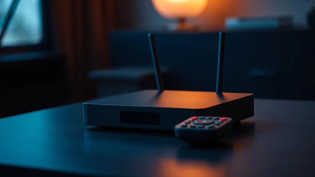 Illustration: A sleek black media streaming box rests on a dark surface, its minimalist design highlighted by soft lighting.